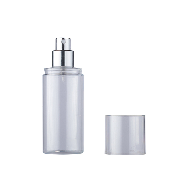 Flacone spray in plastica trasparente con pompa a crimpare e tappo superiore